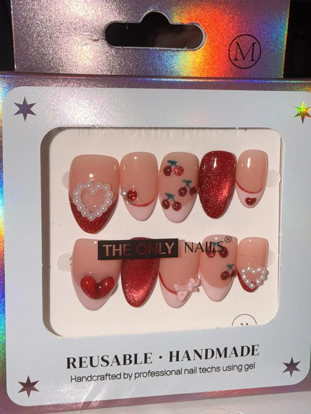 The Only Nails Reusable Handmade Pink & Red Cherry Heart Press-On Set